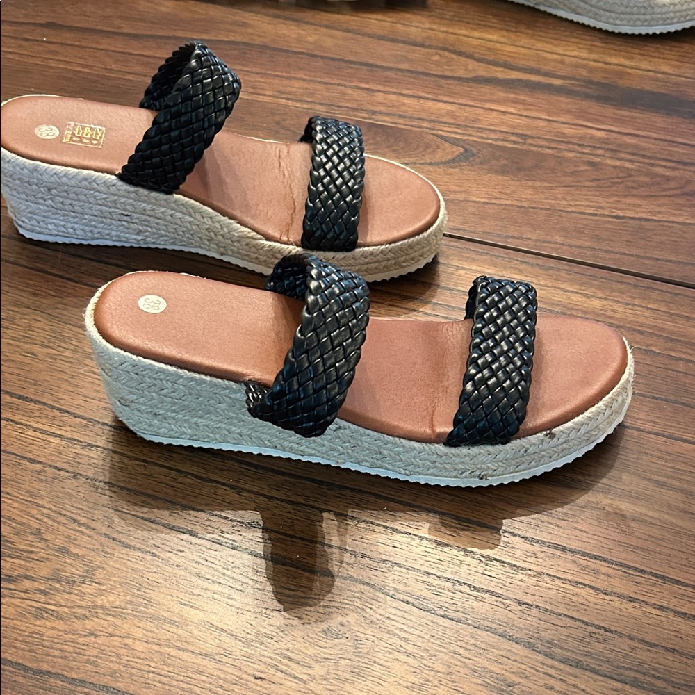 MIA Black Woven Strap Wedges